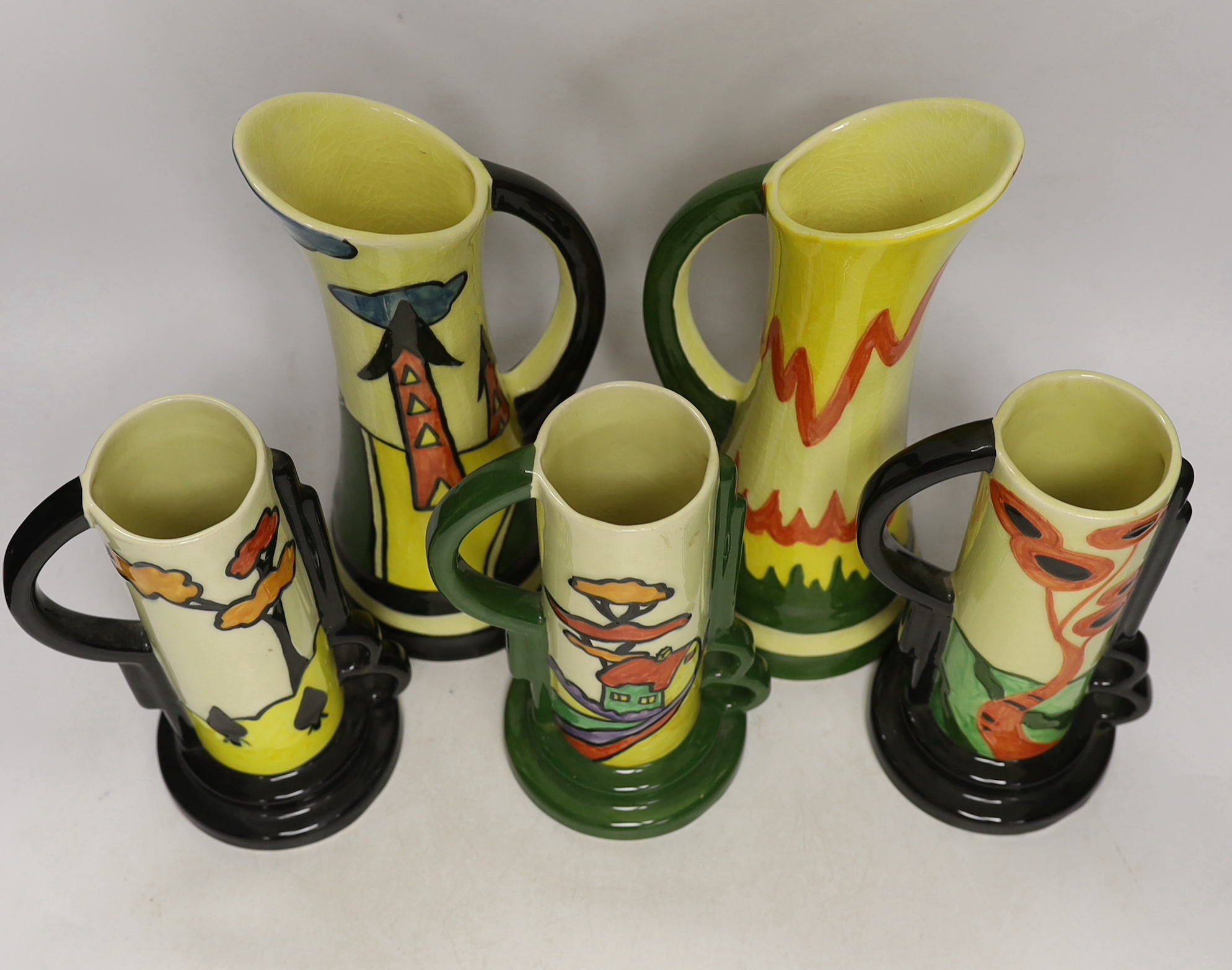 Two Clarice Cliff style jugs and three similar vases, four by Bernadette Eve and one by Crown Ducal, tallest 28cm